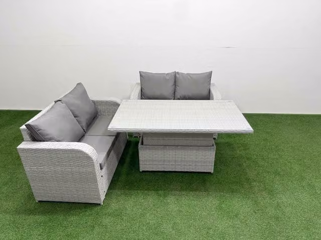 Fimous 4 Seater L-Shape Rattan Garden Furniture Set in Light Grey with Adjustable Dining or Coffee Table and Upholstered Cushions