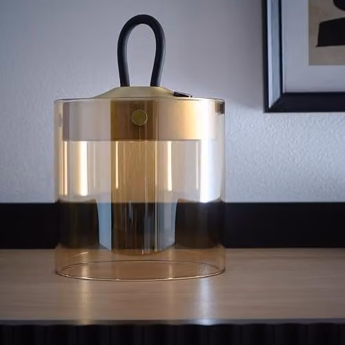 K LIVING Quito Small Rechargeable LED Tabletop Lamp with Champagne Smokey Glass and Antique Brass Finish, Dimmable Touch Control, Gold/Brass – 4