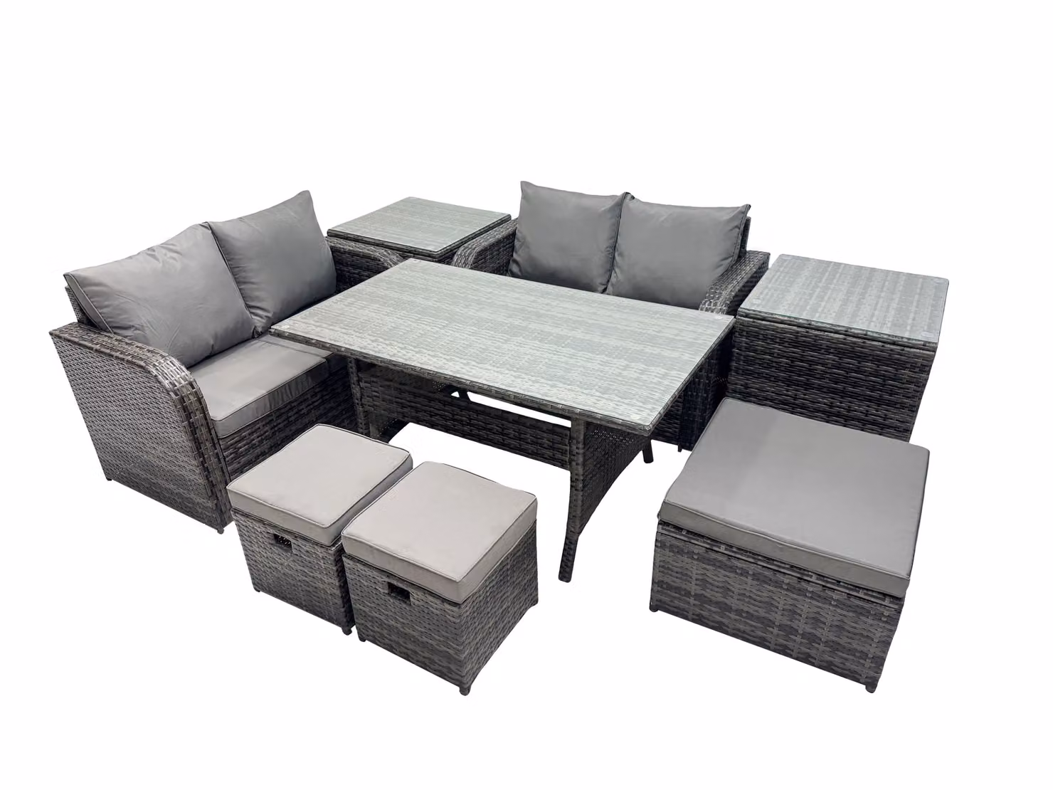 Fimous Modern Outdoor Furniture Set in Dark Grey featuring 2-Seater Sofa, 3 Stools, and 2 Side Tables with Powder Coated Steel Frame and Upholstered Cushions – 2