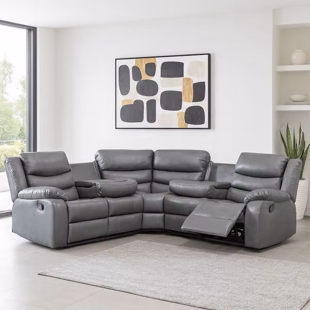 Furnishings For Less UK Minnesota 5 Seater Manual Reclining Corner Sofa in Grey Synthetic Leather with Cup Holders and Padded Arms