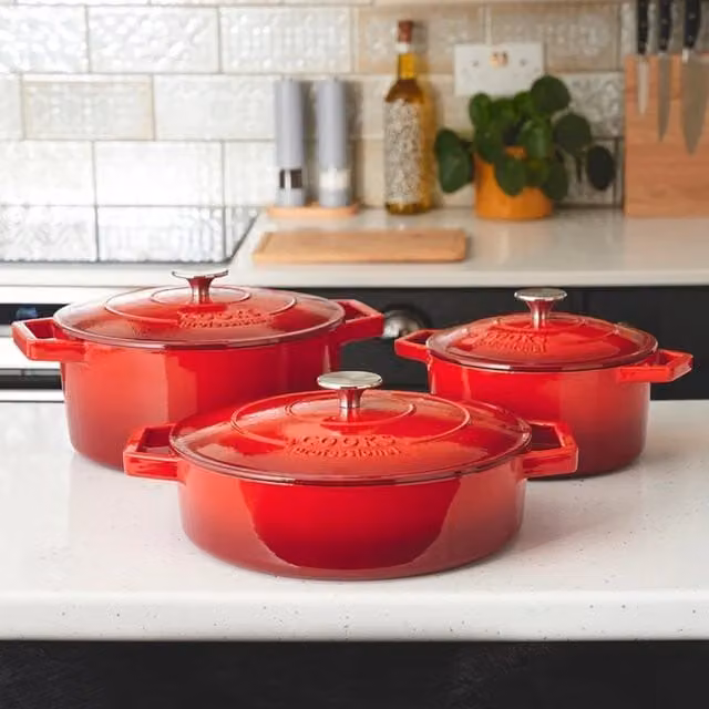Cooks Professional Set of 3 Enamelled Cast Iron Casserole Dishes with Lids in Red and Black