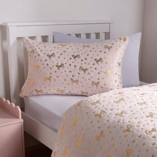 OHS Reversible Double Fleece Duvet Cover and Pillowcase Set with Metallic Heart and Unicorn Design, Pink and Gold, W/D/H: 200 x 200 cm, Pillowcases: 50 x 75 cm – 1