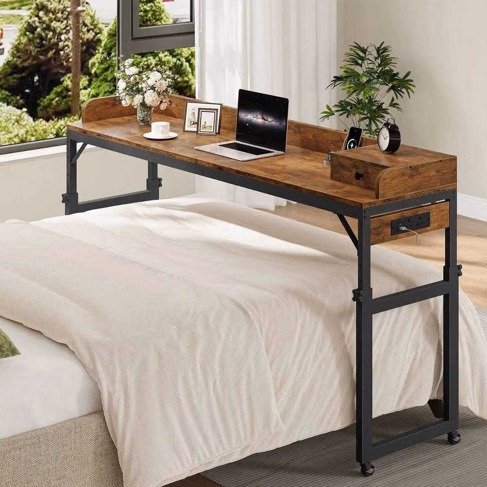 FORGEVIO Height Adjustable Overbed Computer Desk in Brown and Black – 3