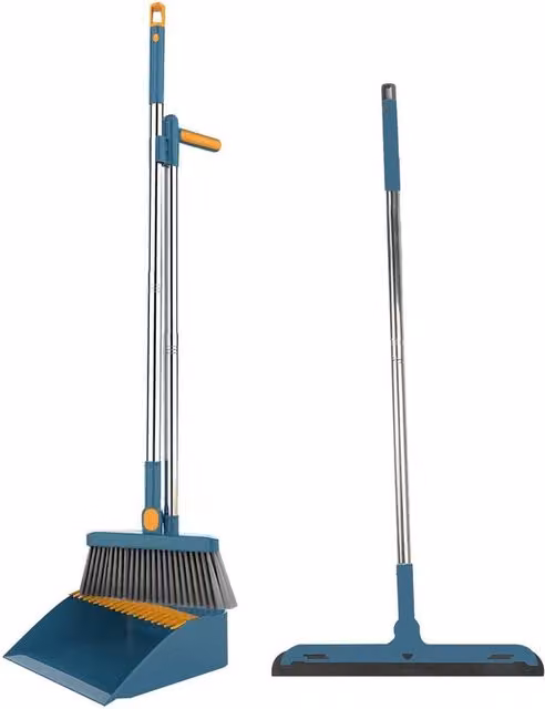 NESTLUNE 3-Piece Blue Metal Long Handled Dustpan, Wiper and Brush Set with Scraper, W/D/H: 100 x 15 x 15 cm – 1
