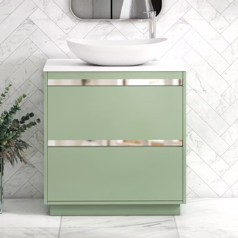 Royal Bathrooms Orion 800mm Mint Sage Floor Standing 2 Drawer Vanity Unit with Cesar Basin and Chrome Accent Trim