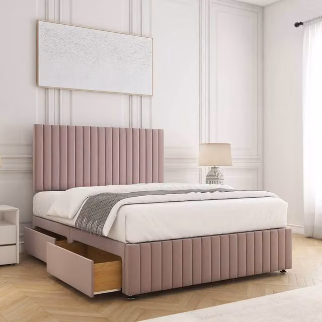 BSSPOKE Emma Divan Bed with 24 inch Headboard and 2 Drawers in Pink Plush Velvet, Single, W/D/H: 90 x 190 cm