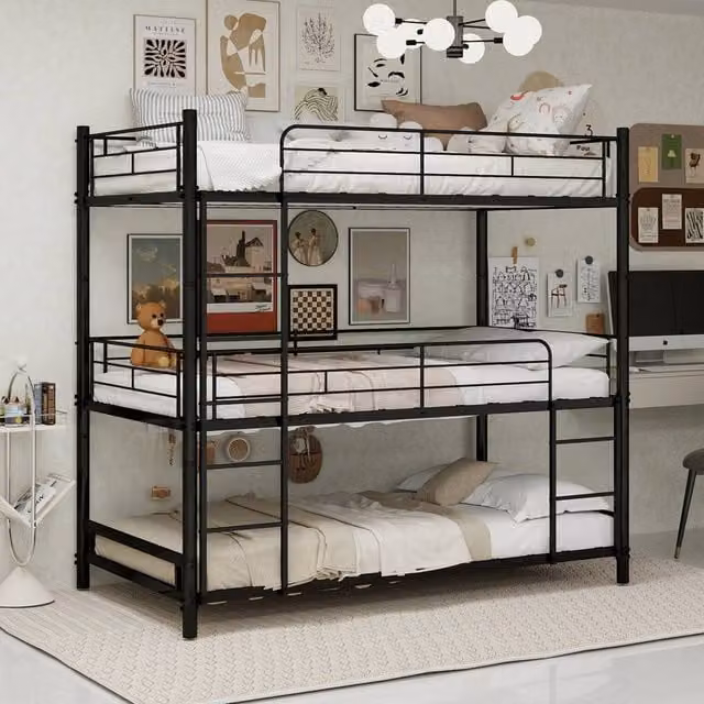Matteo Black Three-Layer Reinforced Iron Bunk Bed, Single Size, W/D/H: 90 x 200 cm