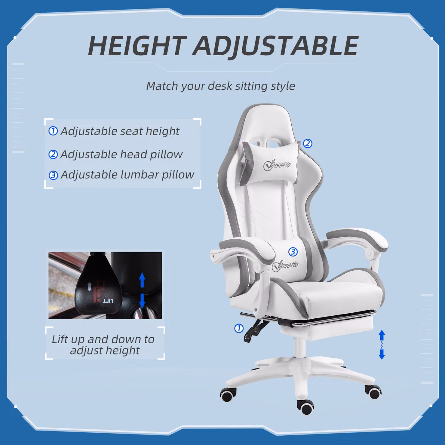 Vinsetto Racing Gaming Chair in White PU Leather with Footrest, Headrest and Lumbar Support, W/D/H: 65.0 x 45.5 x 120.0 cm – 3