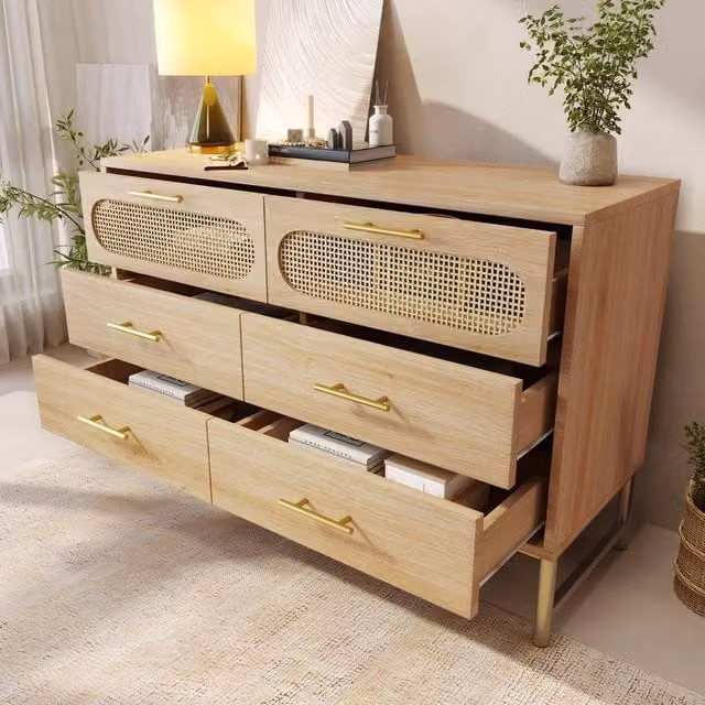 BTM Rattan Sideboard Storage Cabinet with 6 Drawers, Light Oak, W/D/H: 120 x 40 x 74 cm – 1