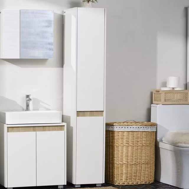 Kleankin Modern Freestanding Tall Bathroom Cabinet with Adjustable Shelves and Hinged Doors, White, H: 165.0 cm, W: 30.0 cm – 1