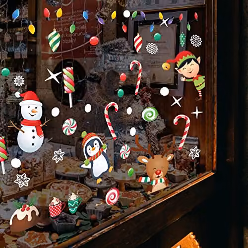 WALPLUS Christmas Window Stickers, 64 Piece Reusable Double-Sided Decals for Glass, Multicolour – 3