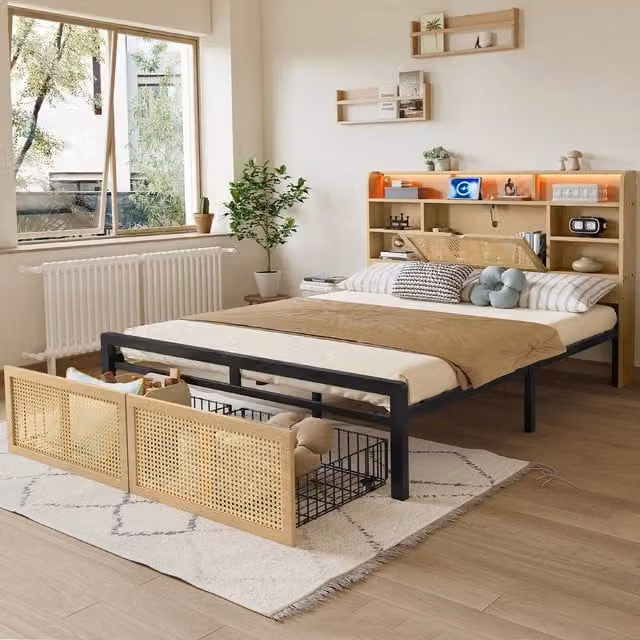 Matteo Solid Wood Double Bed in Natural with Rattan Drawers, Integrated LED Lighting and USB Charging Port, W/D/H: 135 x 190 x 104.5 cm