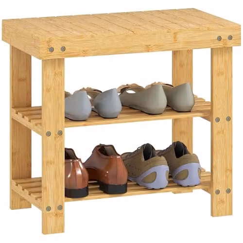 HOMCOM 3-Tier Bamboo Shoe Storage Bench in Brown – 1