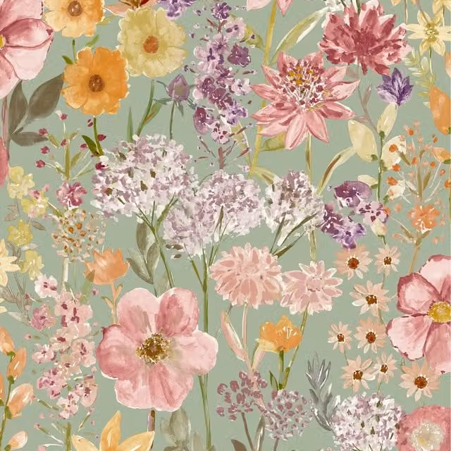 Grandeco Spring Wild Flowers Trail Smooth Botanical Floral Wallpaper in Sage Green and Multicolour