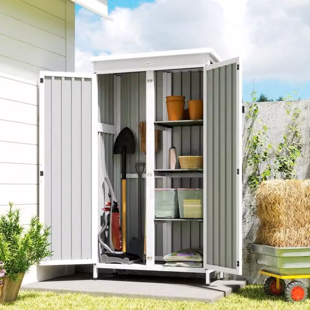 Outsunny Freestanding Outdoor Garden Storage Cabinet with Hinged Doors and Removable Shelves in White and Black