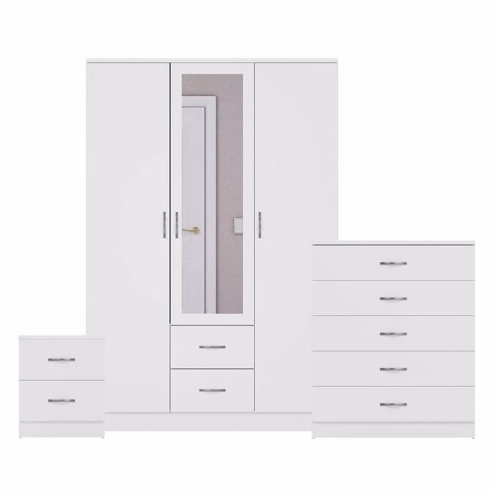 Vida Designs 3-Piece Modern Bedroom Set in White, including 2 Bedside Tables, 5-Drawer Chest and Mirror Wardrobe – 2