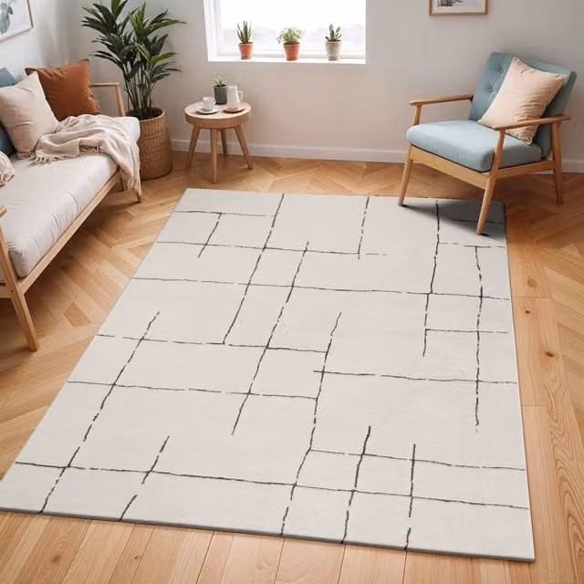 Livabliss Freud Modern High Pile Geometric Rug in Ivory, Black, Brown and White, W: 200 cm, D: 275 cm