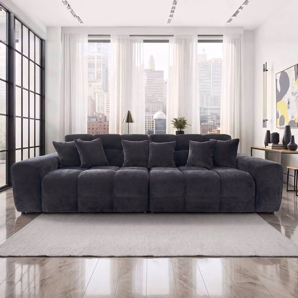 Furnishings For Less UK Jenson 4 Seater Black Plush Velvet Sofa with Deep Seats and Boxed Arms – 2