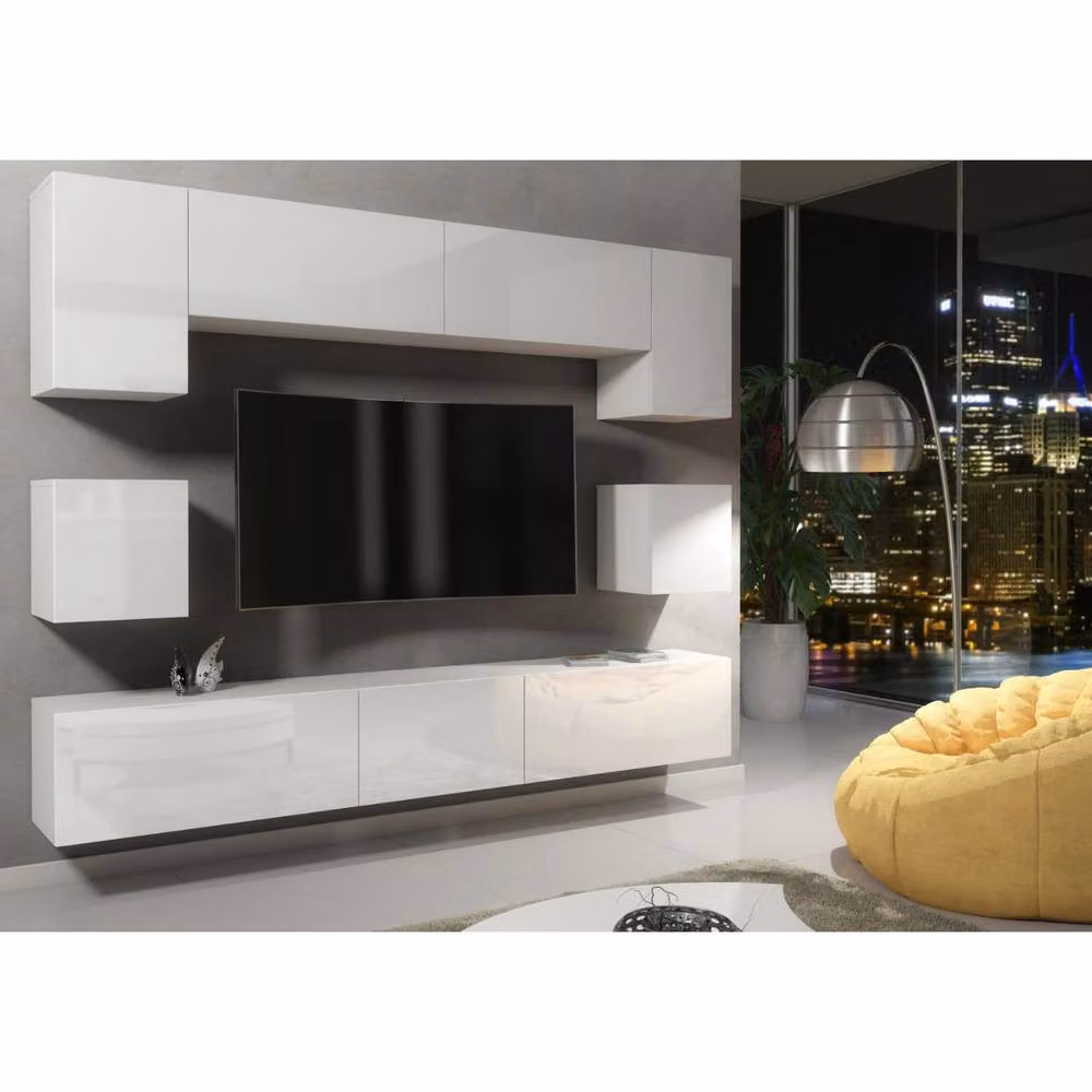Creative Furniture Panorama Wall Mounted TV Unit in White with Glossy Hinged Doors – 3