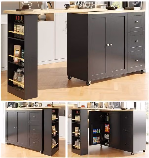 ModernLuxe Extendable Kitchen Island Bar Table with Storage Shelves in Black