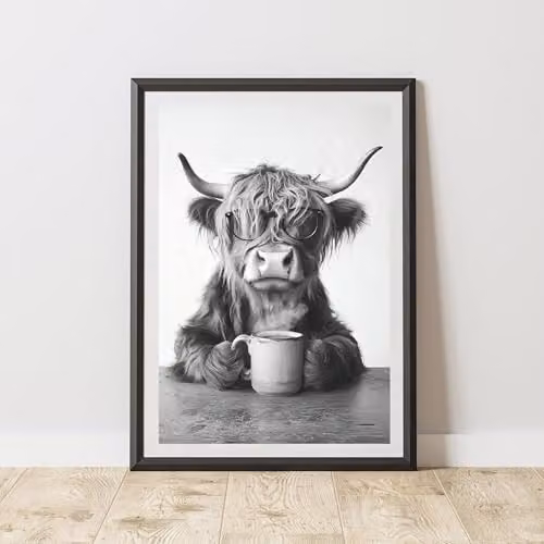 60 Second Makeover Funny Highland Cow Drinking Coffee Paper Poster, A4, Multicolour