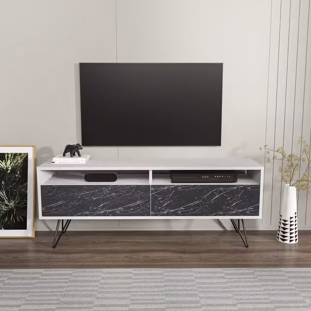 Decorotika Flay Modern TV Unit in White and Black Marble Effect