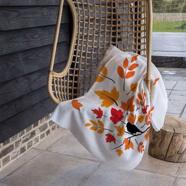 Benjamin Tate Design Autumn Bird On Branch Fleece Blanket in Orange and Beige, W/H: 120 x 150 cm