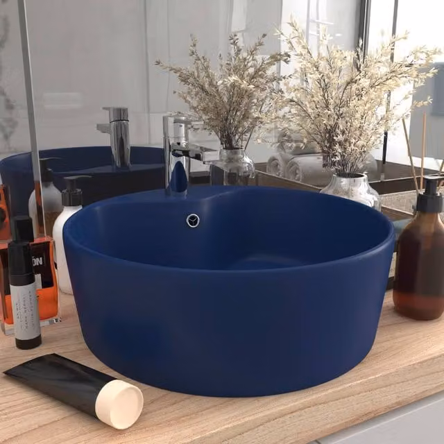 Berkfield Home Luxury Ceramic Round Countertop Wash Basin with Overflow, Matt Dark Blue, W/D/H: 36 x 36 x 13 cm – 1