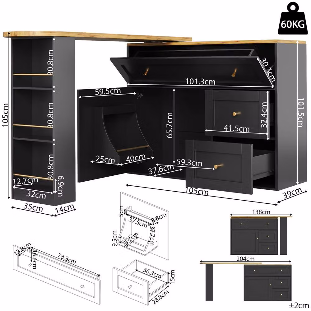 Rolipo Black Extendable Bar Table with Storage and Rotating Kitchen Island – 5