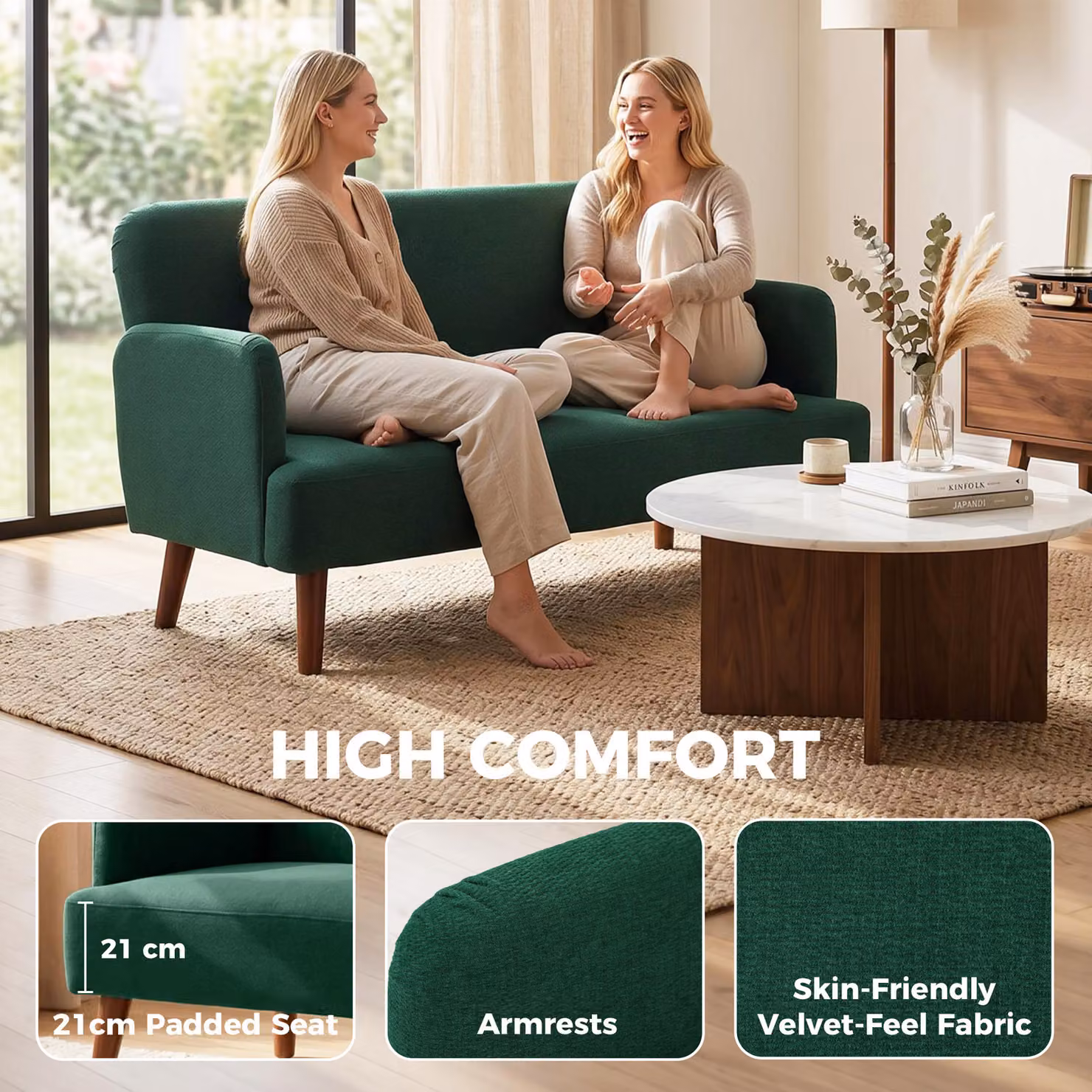 HOMCOM 2 Seater Velvet Feel Fabric Sofa in Dark Green with 21cm Thick Padding and Rubberwood Legs – 4