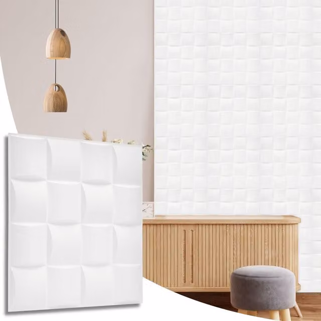 NOVECRAFTO 6 Pack Matte White PVC 3D Wall Panels with Square Geometric Lattice Design, W/D/H: 50 x 50 x 0.25 cm