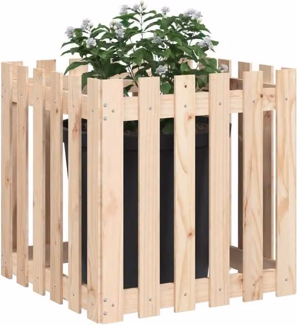 Berkfield Home Beautiful Garden Planter with Fence Design in Beige Solid Wood, W/D/H: 60 x 60 x 60 cm – 1
