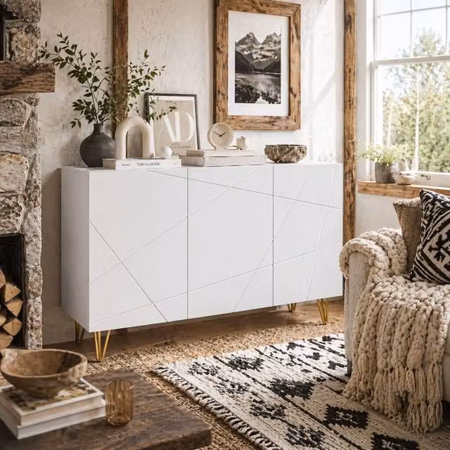 Wyld Haus Sarota Modern High Gloss White Sideboard with Gold Tone Hairpin Legs – 1