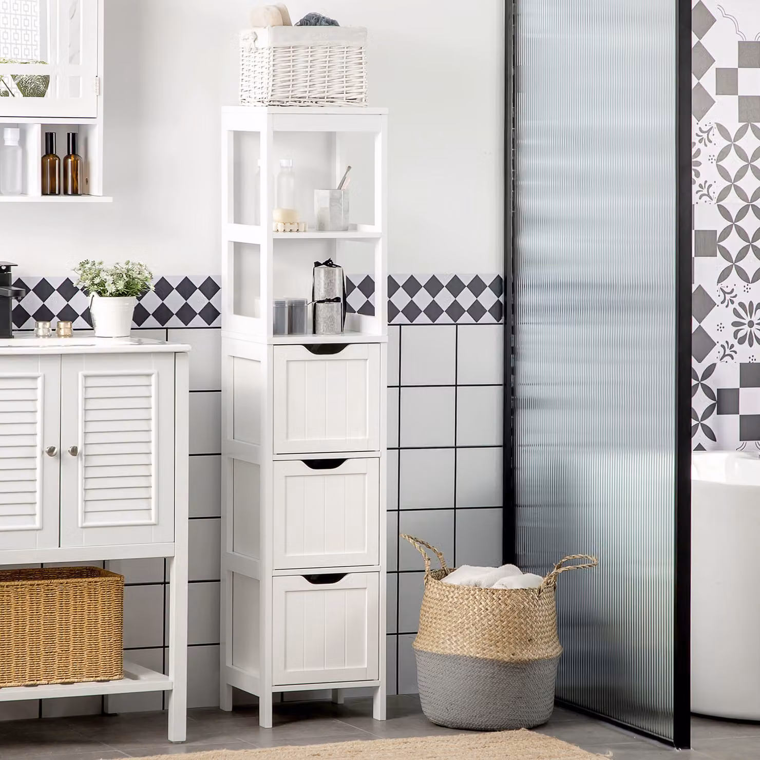 HOMCOM Narrow White Floor Cabinet with 3 Drawers and 2 Open Shelves, W: 30 cm, D: 30 cm, H: 141.6 cm – 2