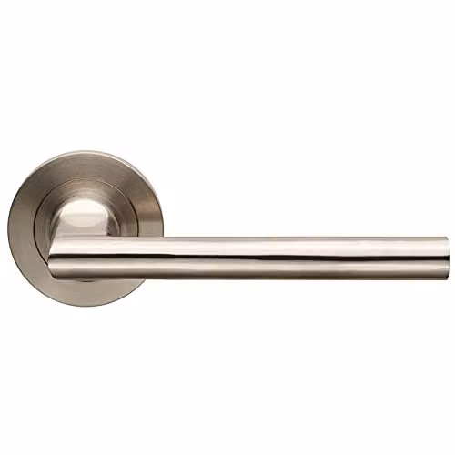Loops Pair of Slim Straight Elliptical Handles on Round Rose in Brushed Satin Steel Silver with Concealed Fixings