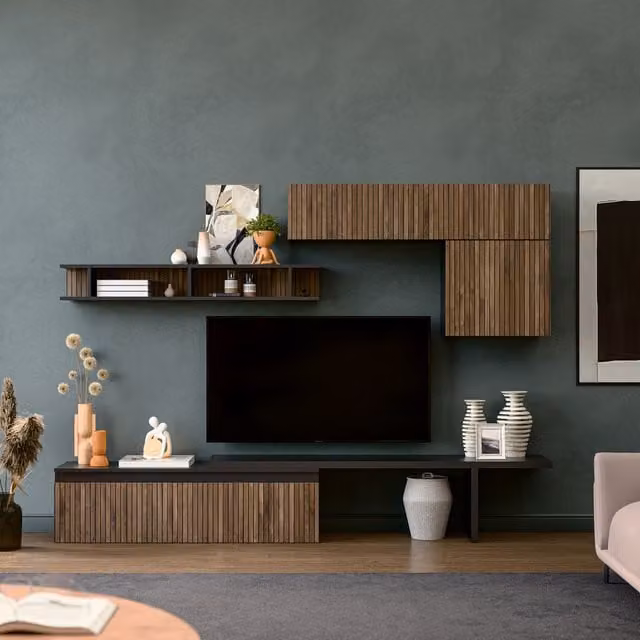 Decorotika Faro Wall Mounted Entertainment Center in Black and Oak with Geometric Alina Pattern