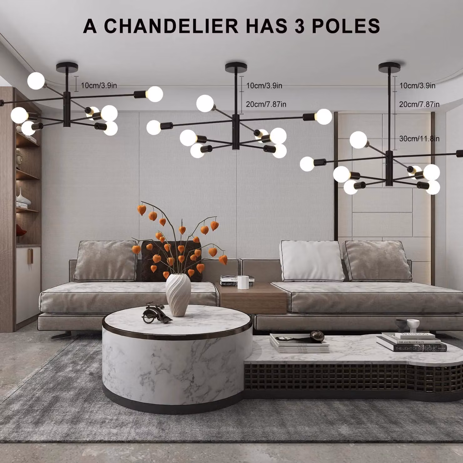 Garwarm Mid Century Modern Sputnik 8-Light Adjustable Pendant Chandelier in Black, Gold or Copper – 2