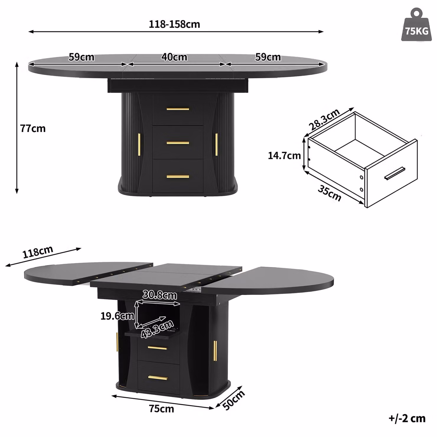 Aosom UK Black Extendable Round Dining Table with 3-Tier Hidden Storage for 6 People, W/D/H: 118 x 118 x 77 cm to 158 x 118 x 77 cm – 3
