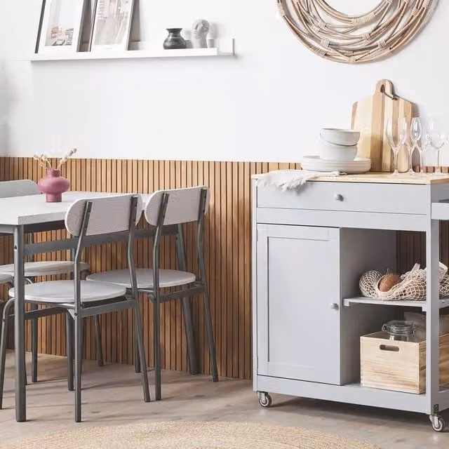 Wyld and Coco Kitchen Trolley in Grey with Rubberwood Top and Castors, W/D/H: 75 x 43 x 87 cm – 1