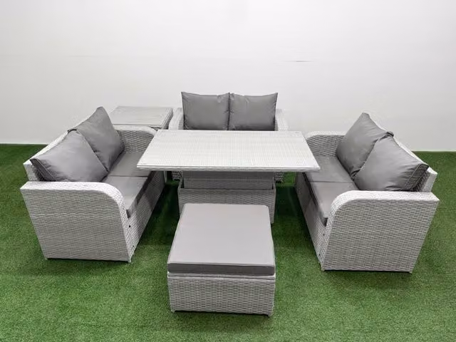 Fimous 7 Seater Grey PE Wicker Rattan Garden Furniture Set with U-Shape Sofa, 2 Seater Sofa, Ottoman, Side Table and Adjustable Lifting Coffee Table