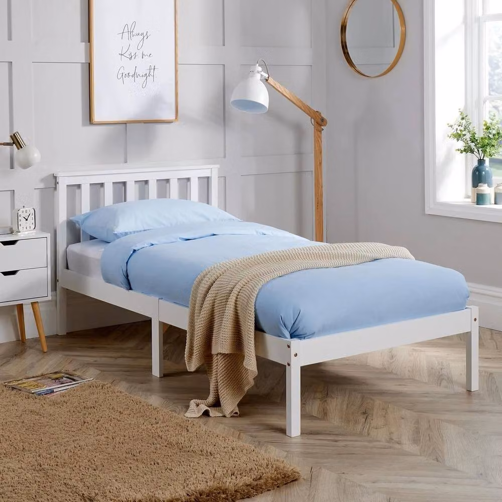 FORGEVIO White Lacquered Solid Pine Wood Bed with Low End Slatted Base and Headboard – 2