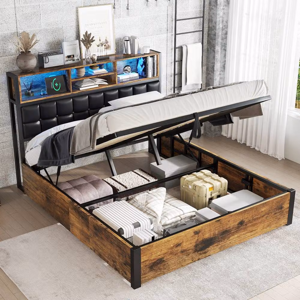 Merax Double Ottoman Bed Frame with LED Storage Headboard, USB Charging Ports and Synthetic Leather in Brown – 5
