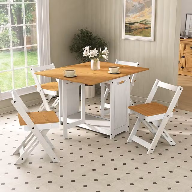 Mews White Modern Extendable Pine Wood Dining Set with Butterfly Leaf and Chairs