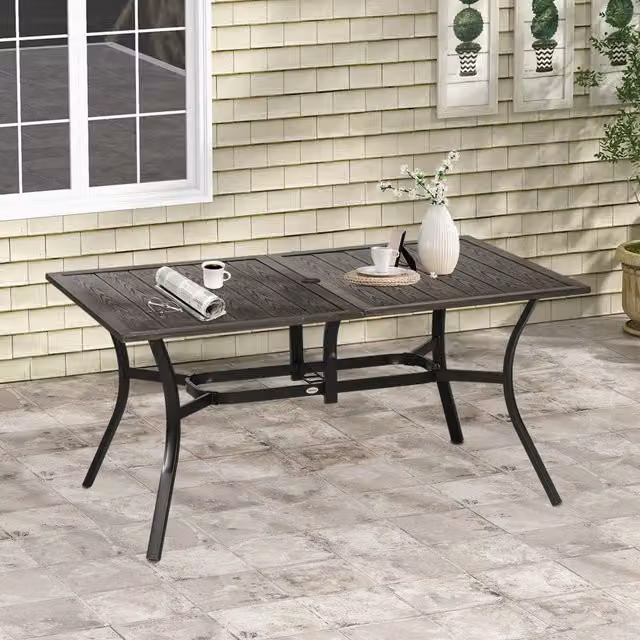 Outsunny Brown Rustic Wood Grain Garden Table with Parasol Hole