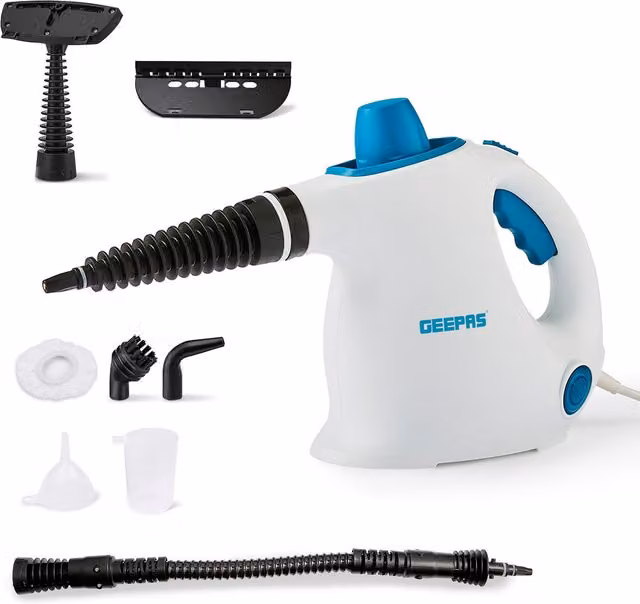 Geepas Handheld Steam Cleaner 1050W with 110°C High-Temperature Steam, 10 Minute Runtime and 9 Accessories in Blue and White