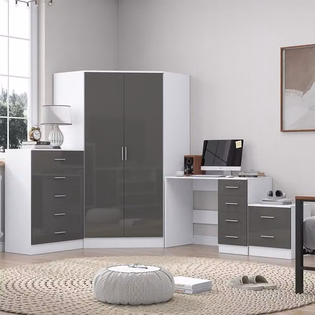 REFLECT Furniture Bundle with Corner Unit, Chest, Bedside Table and Desk in Grey Gloss and Matt White