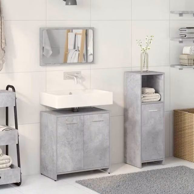 Berkfield Home Modern 3 Piece Grey Bathroom Furniture Set with Vanity Unit, Mirror Cabinet and Tall Cabinet – 1