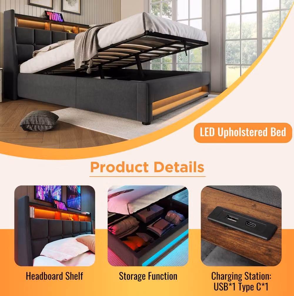 STILVORA Upholstered Super King Bed in Grey with USB Charging Port, Bedside Shelf and Lift-Up Base, W/D/H: 180 x 200 x 117 cm – 6