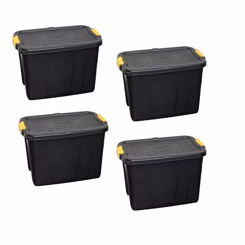Samuel ALEXANDER 4 x 60L Heavy Duty Lockable and Stackable Plastic Storage Tubs with Clips in Black and Yellow – 1