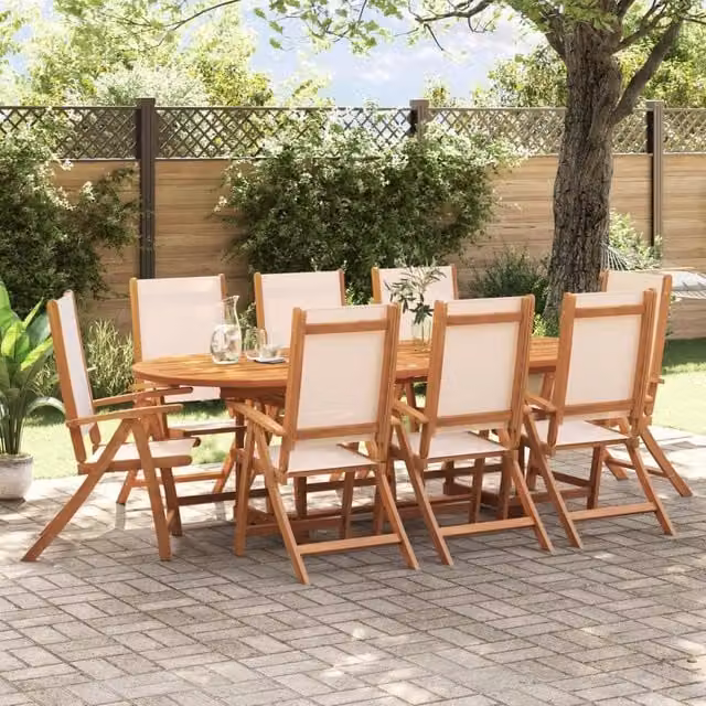 Berkfield Home Set of 8 Folding Garden Chairs in Brown Acacia Wood and Beige Textilene – 1